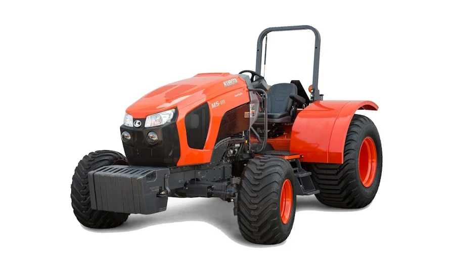 Kubota M5L-111 low-profile orchard tractor with folded ROPS on a white background