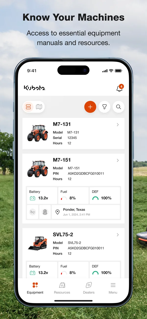 MyKubota app screen showing maintenance, manuals, and telematics for Kubota tractors