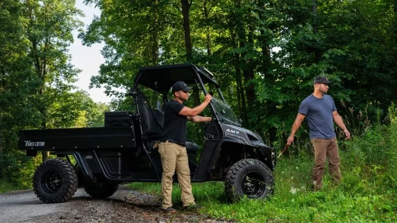 Landmaster AMP HD Ranch Edition electric utility vehicle with a long steel cargo bed
