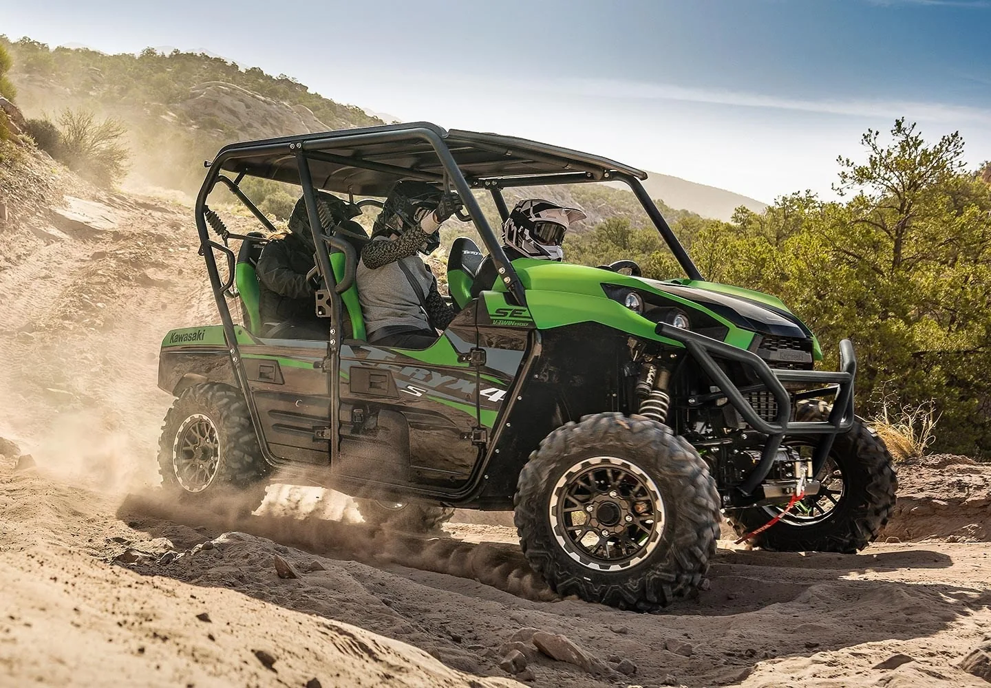Kawasaki TERYX4 four-passenger side-by-side on a rocky trail