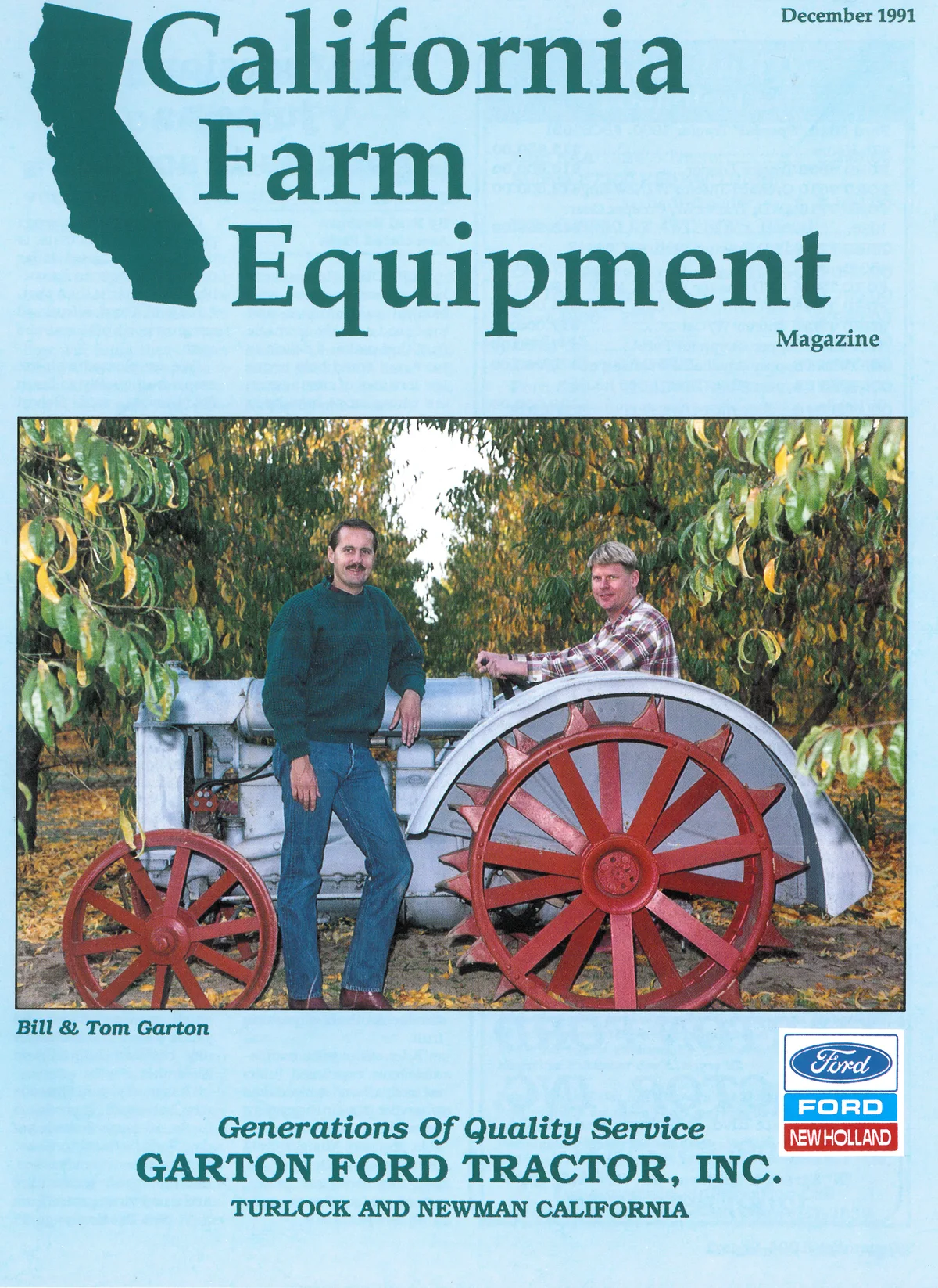 California Farm Equipment Magazine cover with Bill and Tom Garton beside an antique tractor with red steel wheels in an orchard