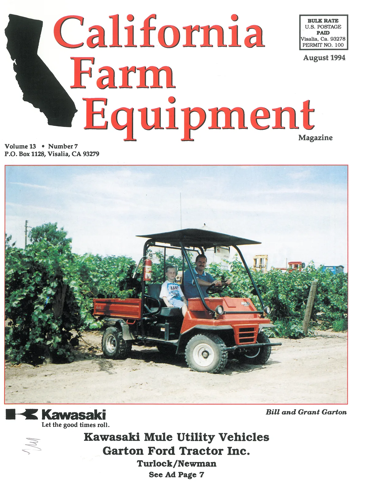 California Farm Equipment Magazine cover with Bill and Grant Garton on a Kawasaki Mule utility vehicle in a vineyard