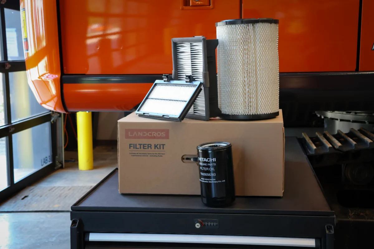 Hitachi genuine filters displayed with a LANDCROS filter kit box