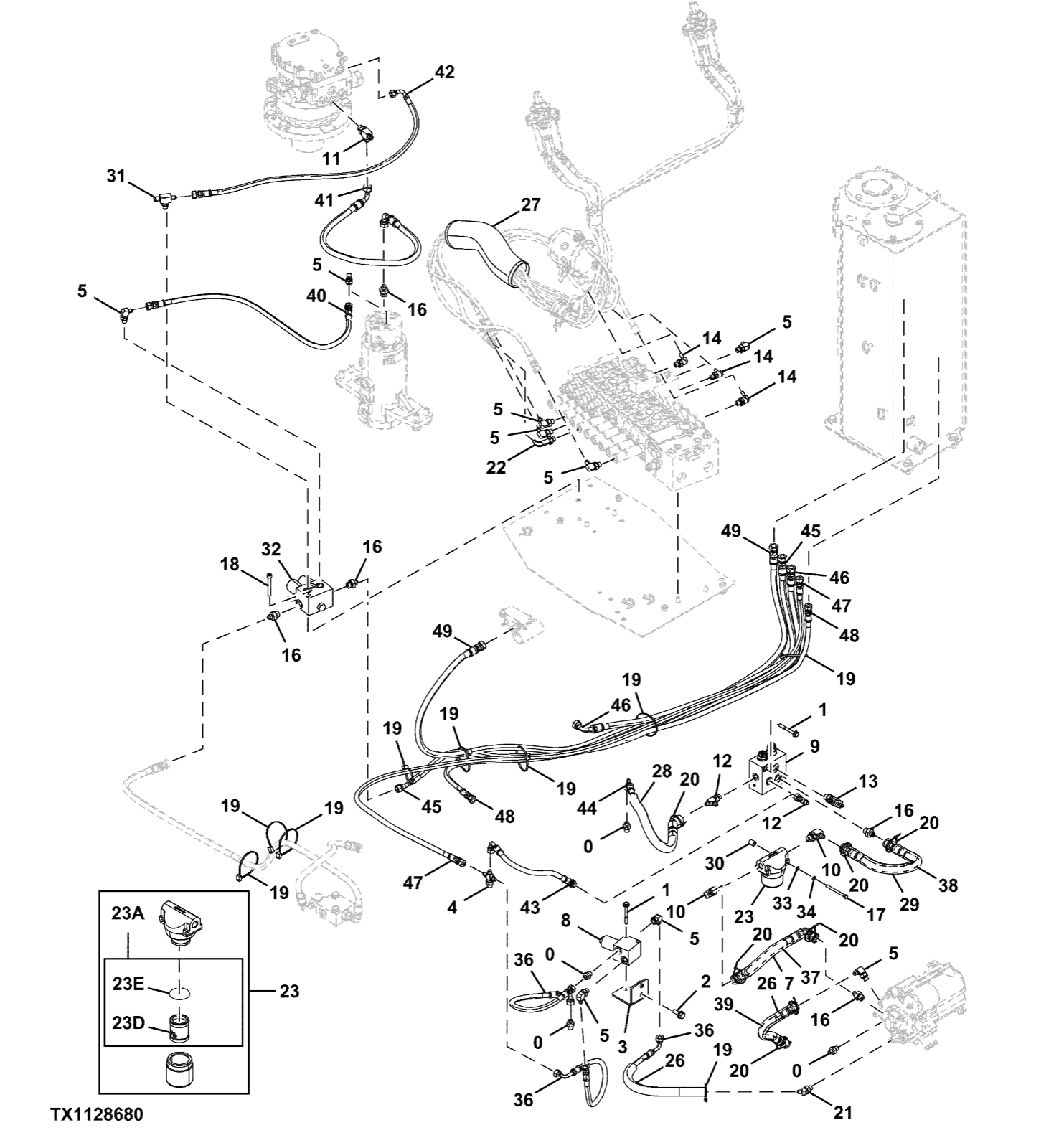 Hitachi LANDCROS ZX50U-5N periodic replacement drawing, Control valve lines and filter (power angle blade)