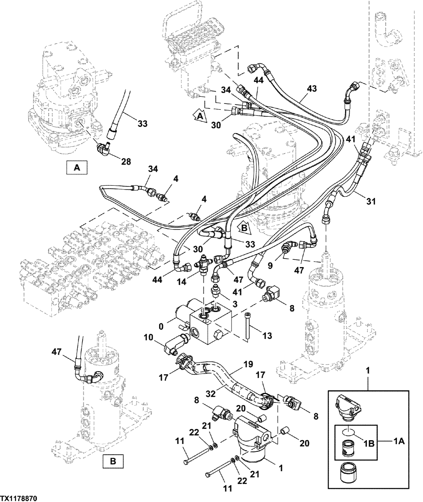 Hitachi LANDCROS ZX17U-5N periodic replacement drawing, Pilot lines, filter, and bypass valve