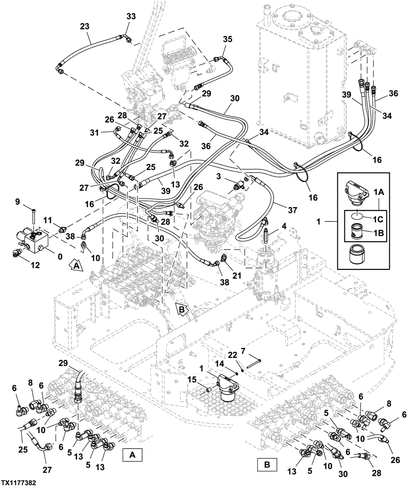 Hitachi LANDCROS ZX26U-5N periodic replacement drawing, Pilot lines, swing motor, center joint, control valve, and oil tank
