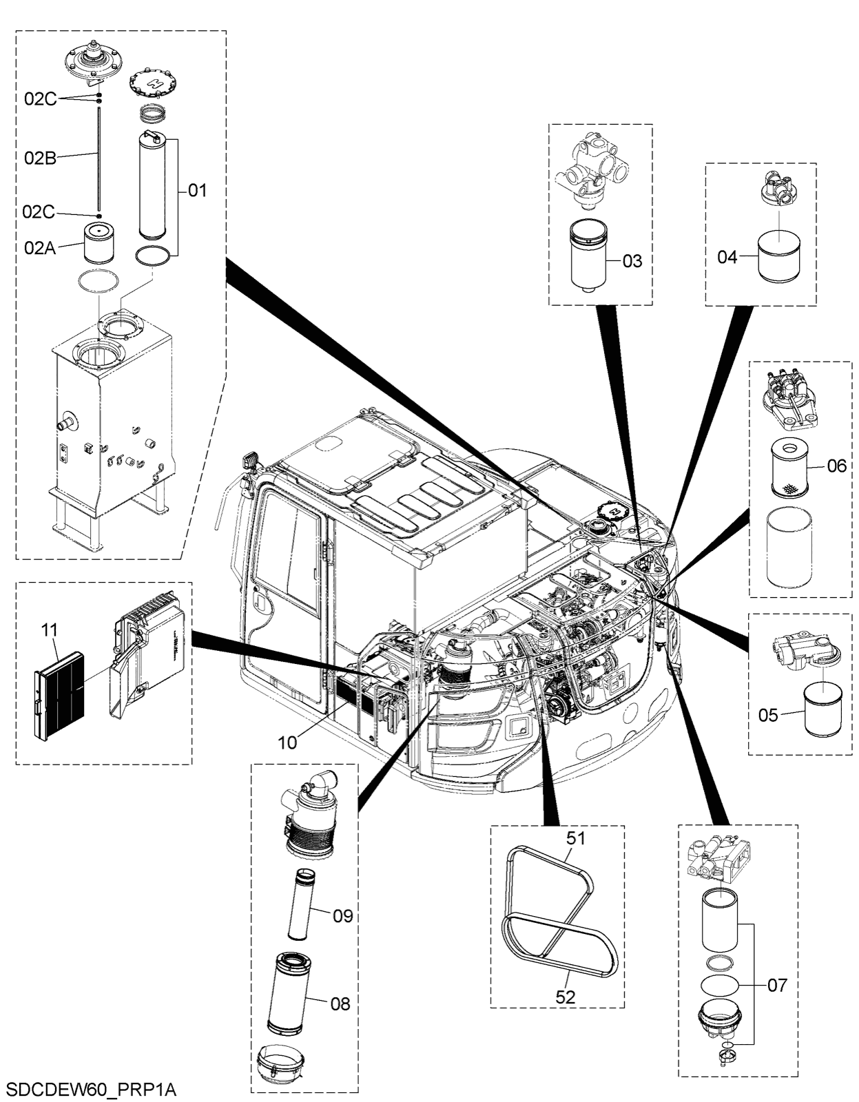 Hitachi LANDCROS ZX75US-7 periodic replacement drawing, Filter, element, belt parts