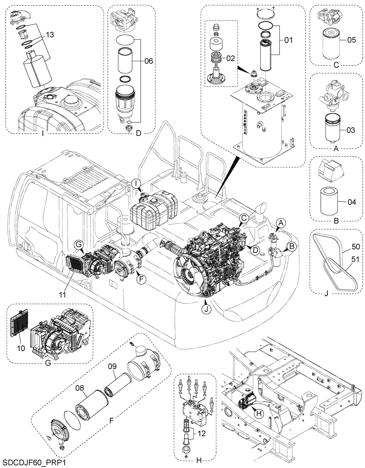 Hitachi LANDCROS ZX210LC-7H periodic replacement drawing, Filter, element, belt parts