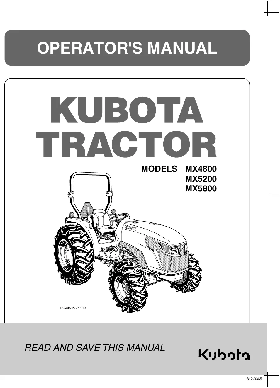 Cover of Kubota MX4800, MX5200 & MX5800 ROPS Operator Manual